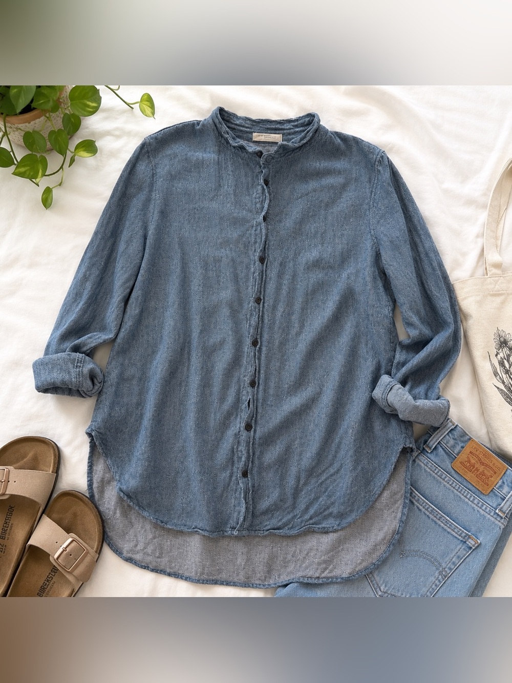 CP Shades Blue Linen Cotton Button Up Shirt Oversized L - Picture 2 of 6